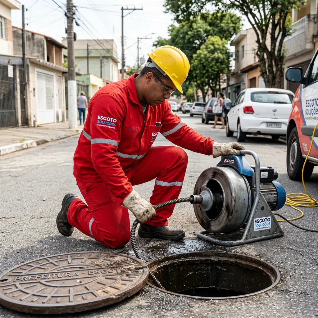 Técnico desentupindo rede de esgoto com máquina rotativa profissional em rua de Jundiaí