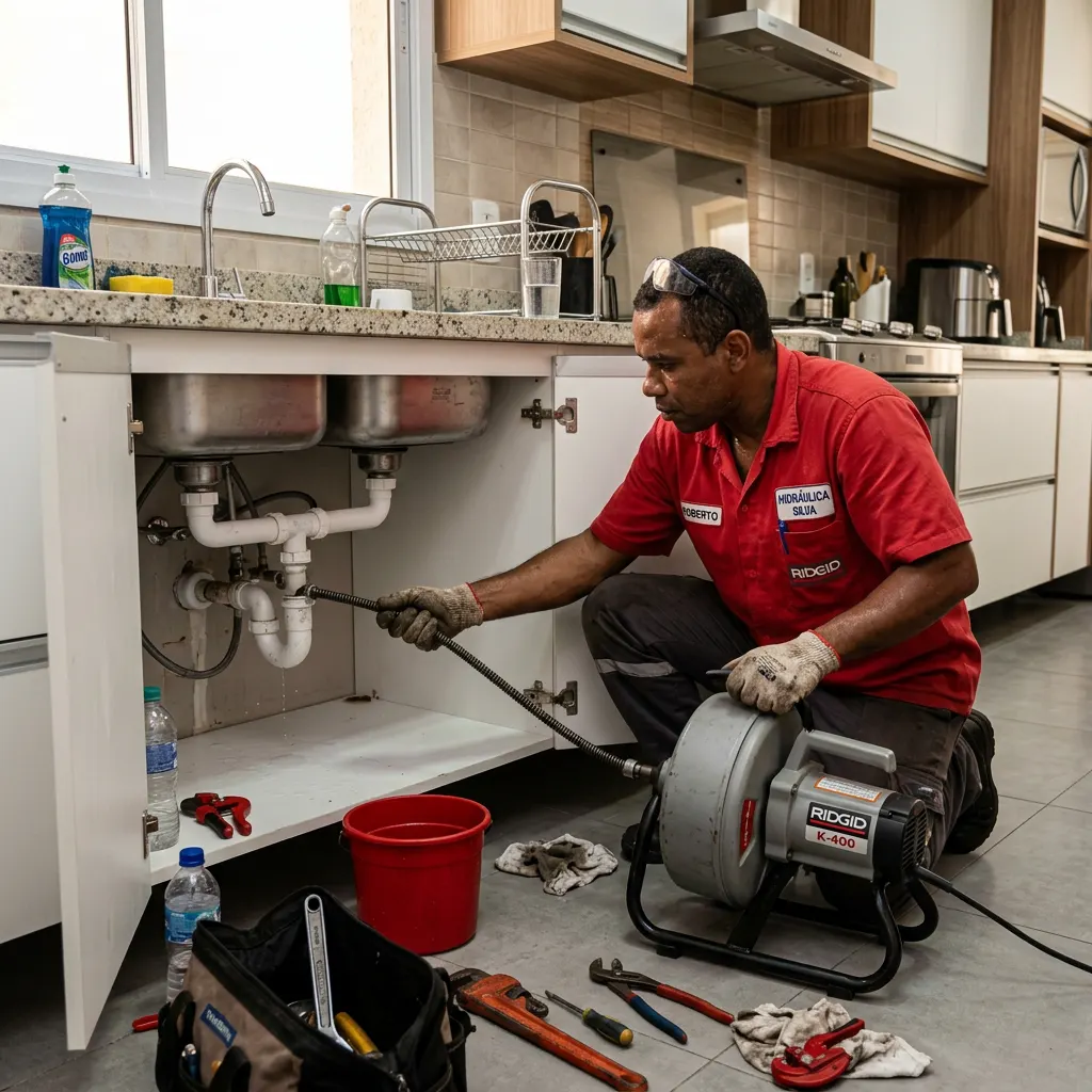 Profissional desentupindo pia de cozinha com máquina flexível em residência de Jundiaí