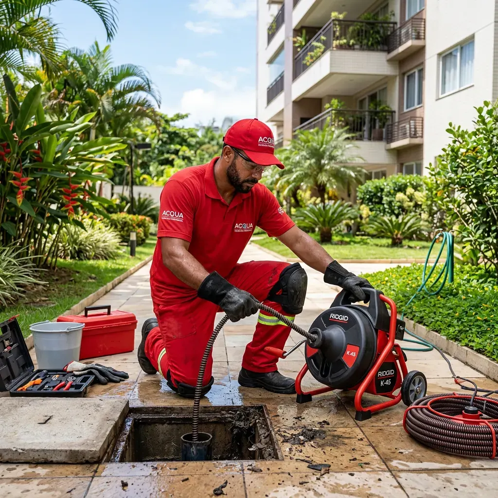 Técnico da Desentupidora Jundiaí desentupindo ralo externo em área residencial
