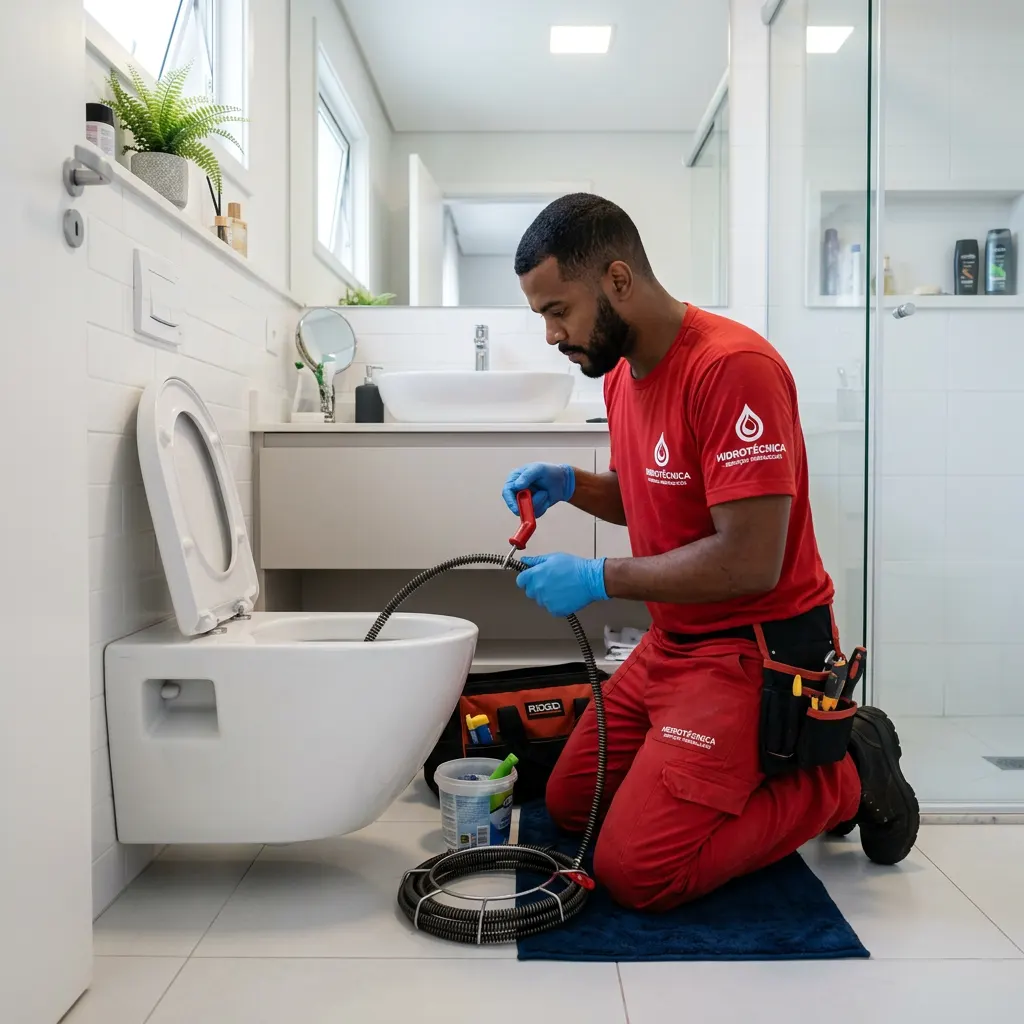 Técnico desentupindo vaso sanitário com equipamento profissional em banheiro de Jundiaí
