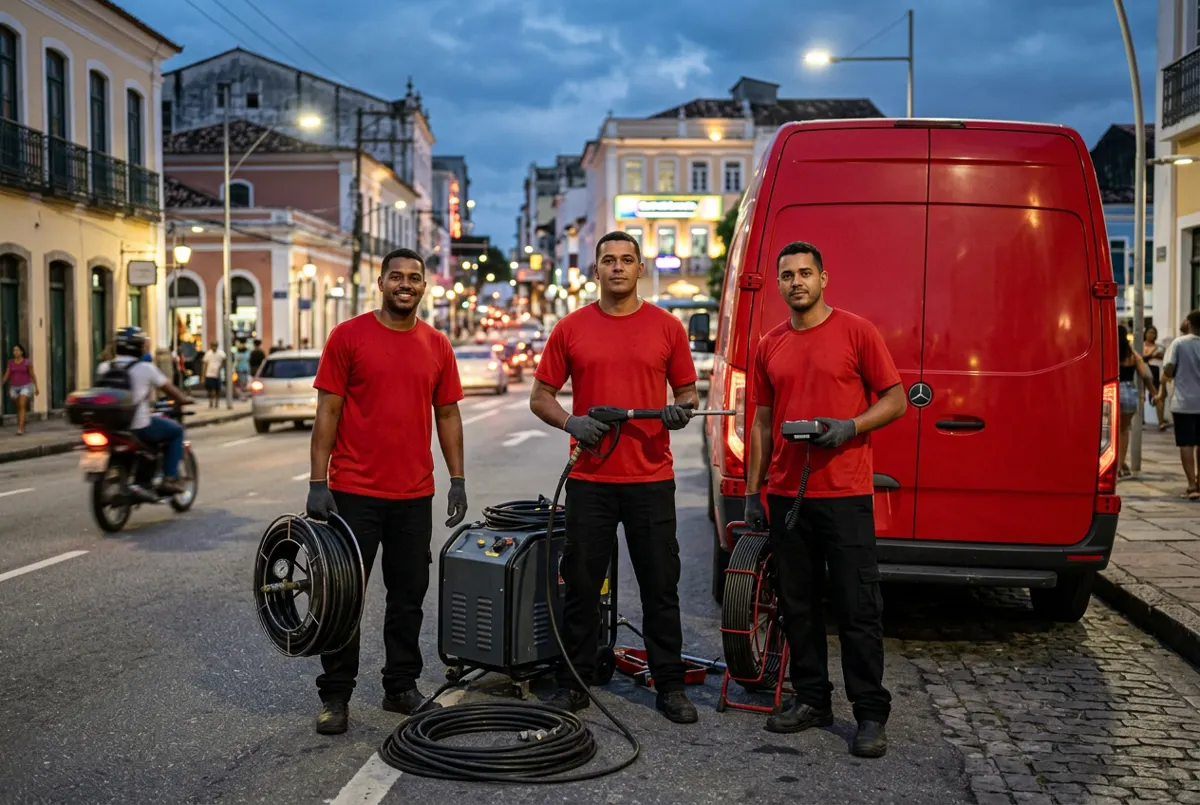 Equipe da Desentupidora Jundiaí com caminhão e equipamentos prontos para atendimento 24 horas