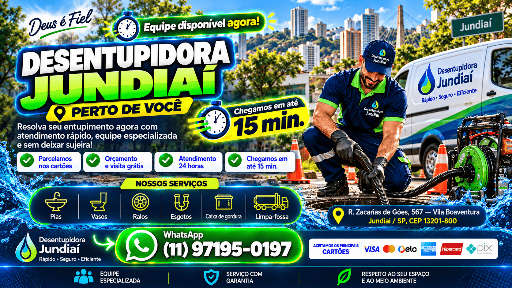Desentupidora Jundiaí: atendimento 24 horas, orçamento e visita grátis. Serviços de pias, vasos, ralos, esgotos, caixa de gordura e limpeza de fossa. WhatsApp (11) 97195-0197.