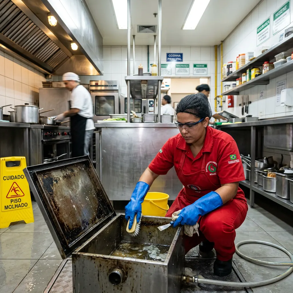 Técnico realizando limpeza de caixa de gordura em cozinha comercial de Jundiaí